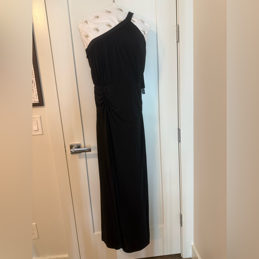 Halston One-Shoulder Black Floor Length Jersey Dress